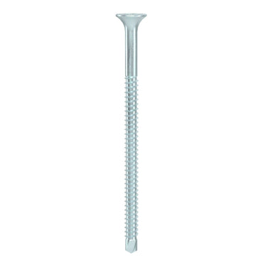 Close-up of a Pro-Twist PRO-TWIST NSDZ2581 screw with a zinc-plated bugle head and fine thread, positioned vertically against a plain white background.