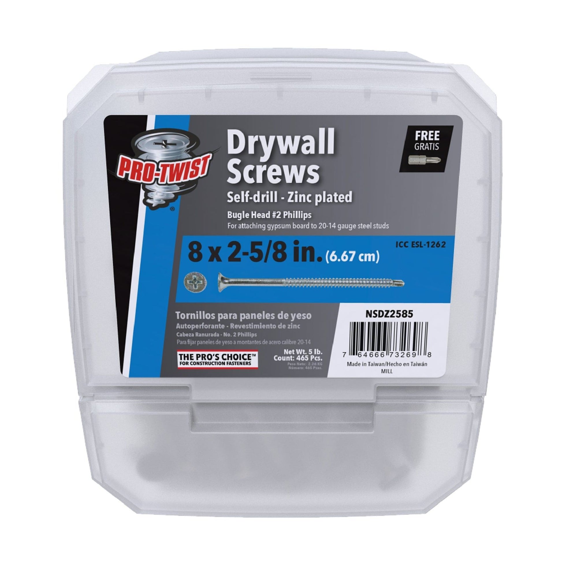 A clear plastic container of Pro-Twist drywall screws, labeled PRO-TWIST NSDZ2585 Zinc Plated, size 8 x 2-5/8 inches with screw images on the front. Ideal for fastening metal studs, these screws are model NG02258S for reliable performance.