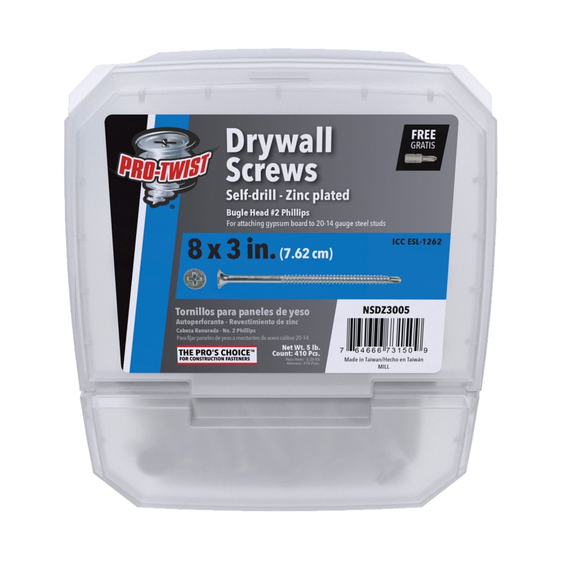 A 5 lb. plastic container of Pro-Twist NSDZ3005 screws with a blue label states: Drywall Screws, #8 x 3 in., Zinc Plated, #2 Phillips Bugle Head. Ideal for professionals, it features a logo at the top left and multilingual information at the bottom.
