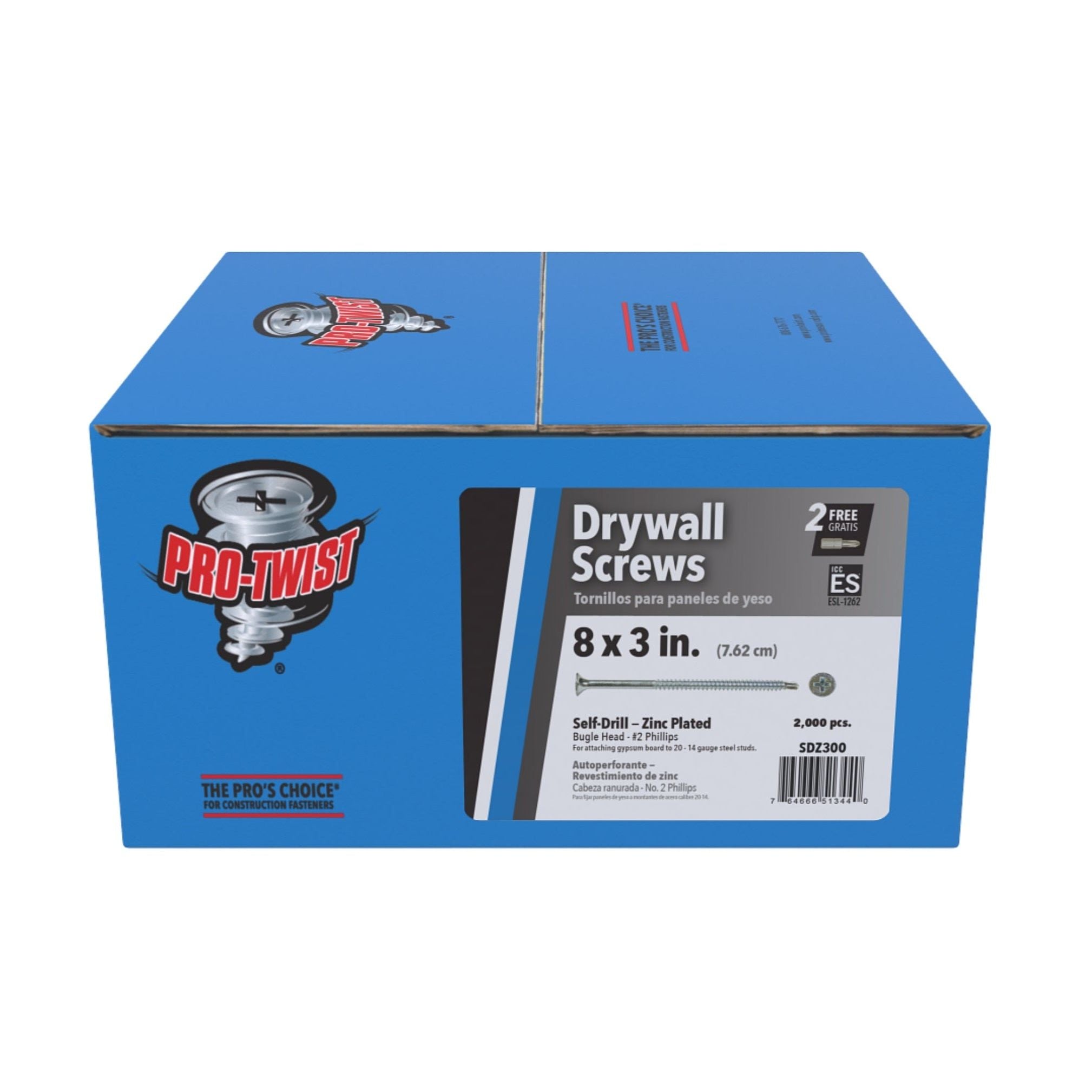 The Pro-Twist PRO-TWIST SDZ300 #8 x 3 in. zinc-plated drywall screws come in a blue box with self-drilling capability and #2 Phillips bugle head, ideal for contractors, containing 2000 pieces per 25 lb. pack.