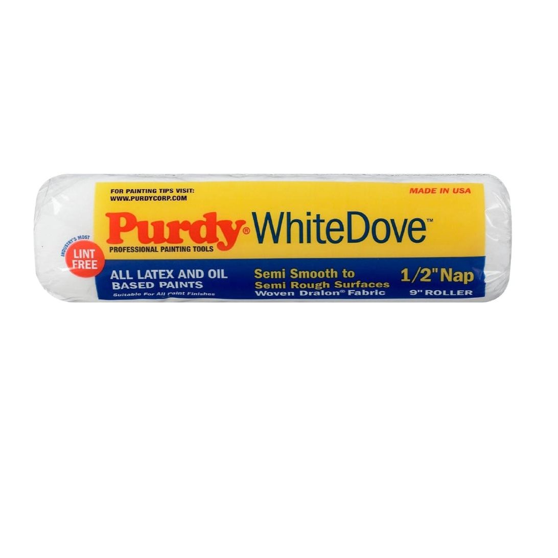 Introducing the PURDY 140670093 White Dove paint roller cover, ideal for semi-smooth to semi-rough surfaces. This 9-inch woven dralon roller with a 1/2 inch nap provides a lint-free finish with latex and oil-based paints, proudly made in the USA.