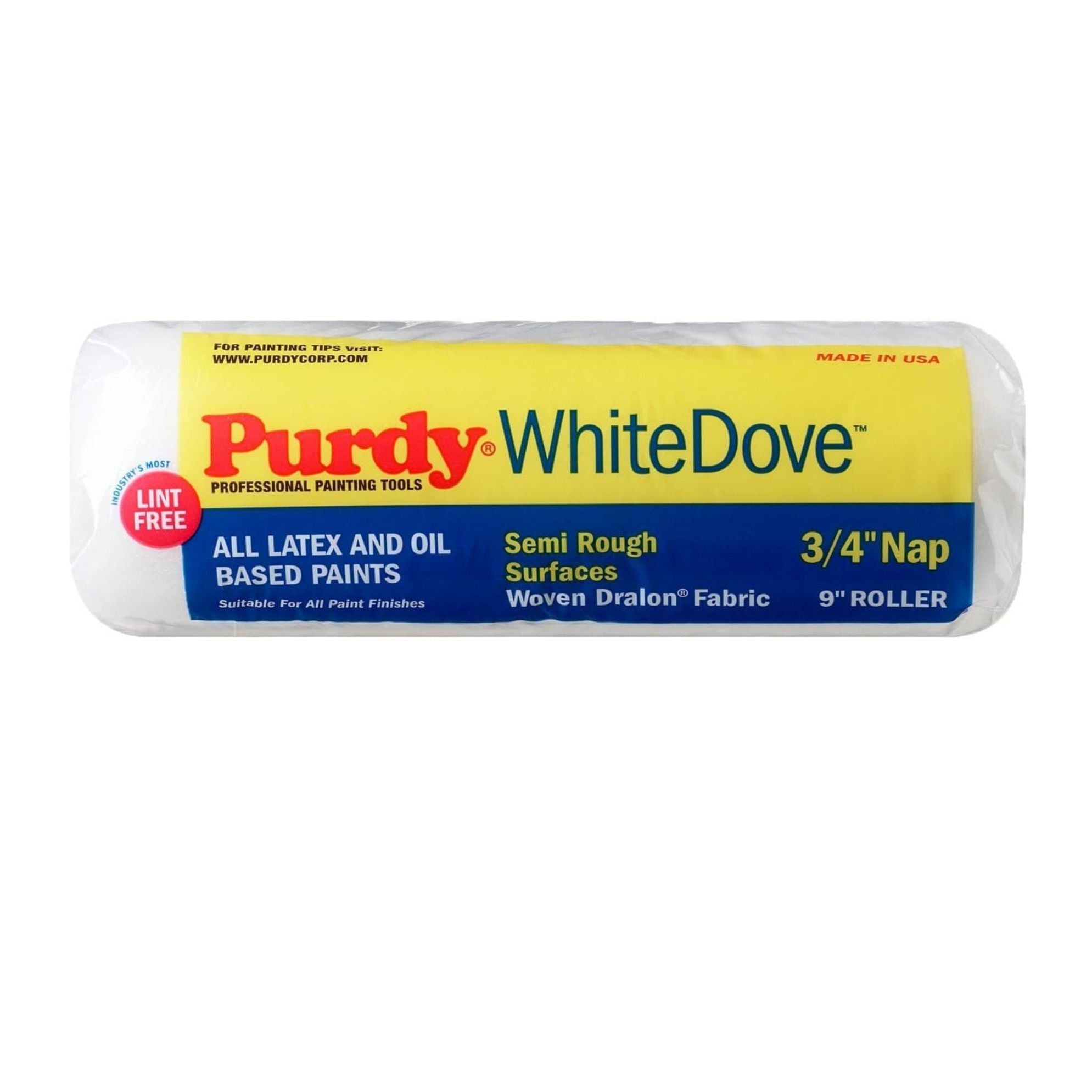 The PURDY 14G672094 White Dove 9 in. x 3/4 in. woven Dralon paint roller cover is ideal for latex and oil-based paints on semi-rough surfaces, offering smooth, lint-free coverage with its striking blue and yellow packaging.