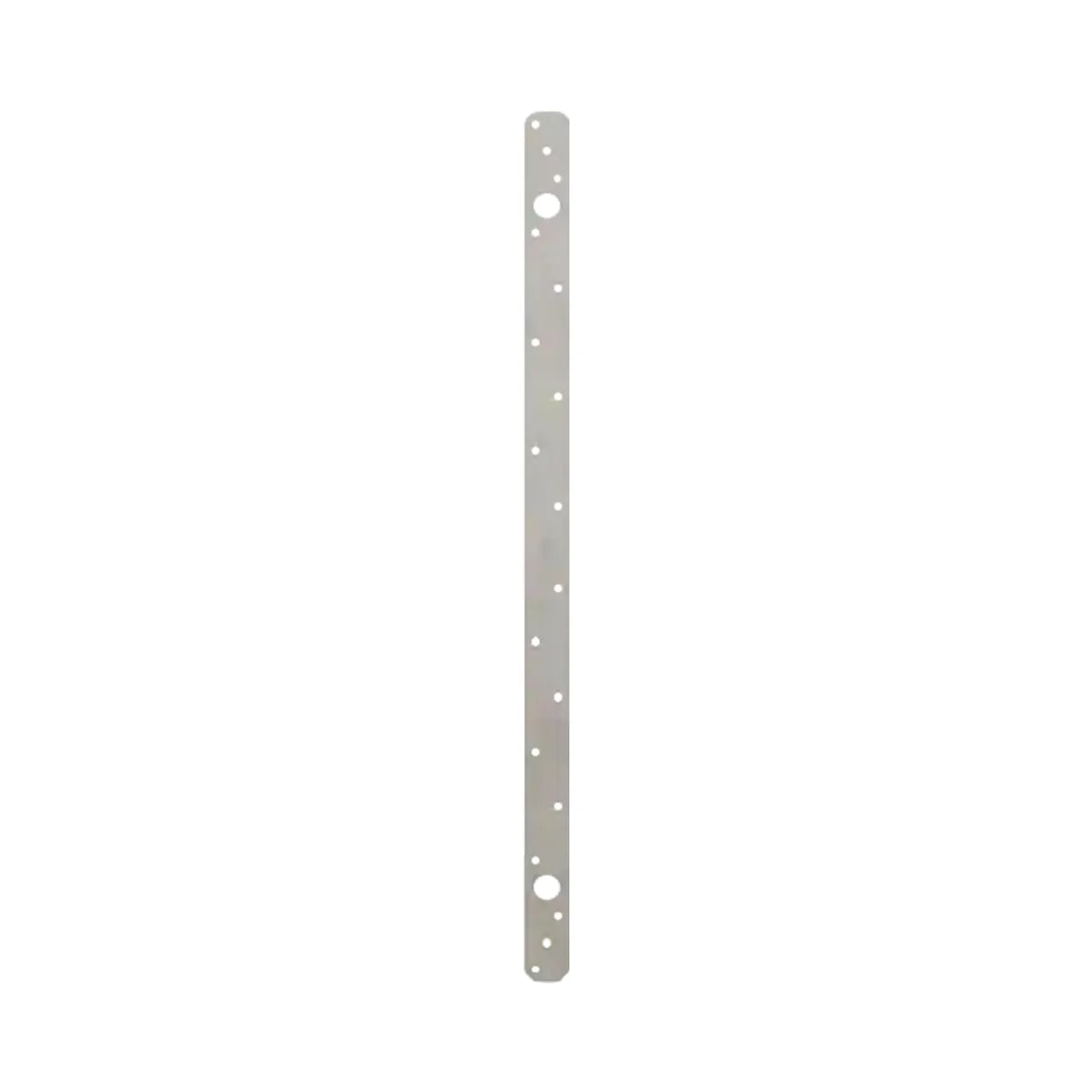 The Go Build 1-1/4 in. x 24 in. G90 20 Ga Strap Tie is a long, narrow steel strap with evenly spaced round holes, shown vertically on a white background. Ideal for secure wood-to-wood connections.