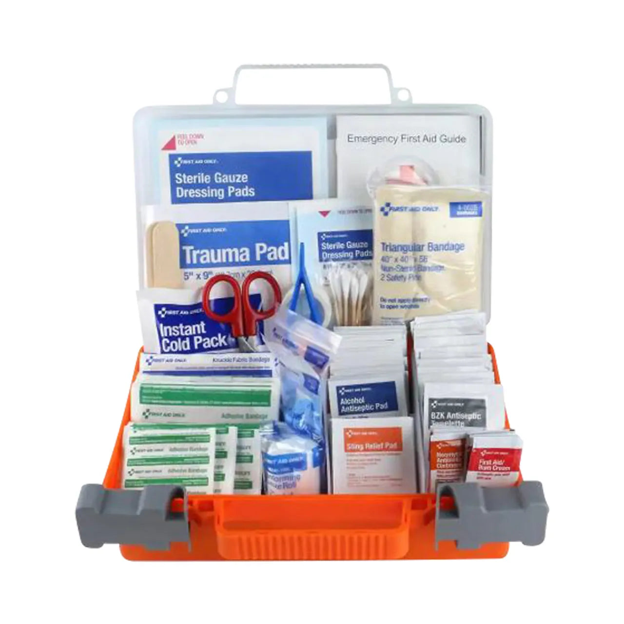 The Go Build 25-Person Plastic OSHA First Aid Kit includes gauze pads, trauma pads, bandages, antiseptic wipes, scissors, swabs, a cold pack, gloves, and an emergency guide—ideal for workplaces.