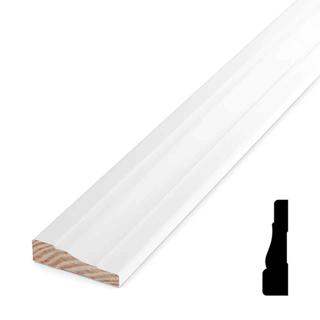 The Go Build 11/16 in. x 2-1/2 in. x 168 in. Pine Primed Finger-Jointed Casing Pro Pack features a white-painted beveled profile, with visible wood grain on the end and shown angled against a white background with a profile diagram.