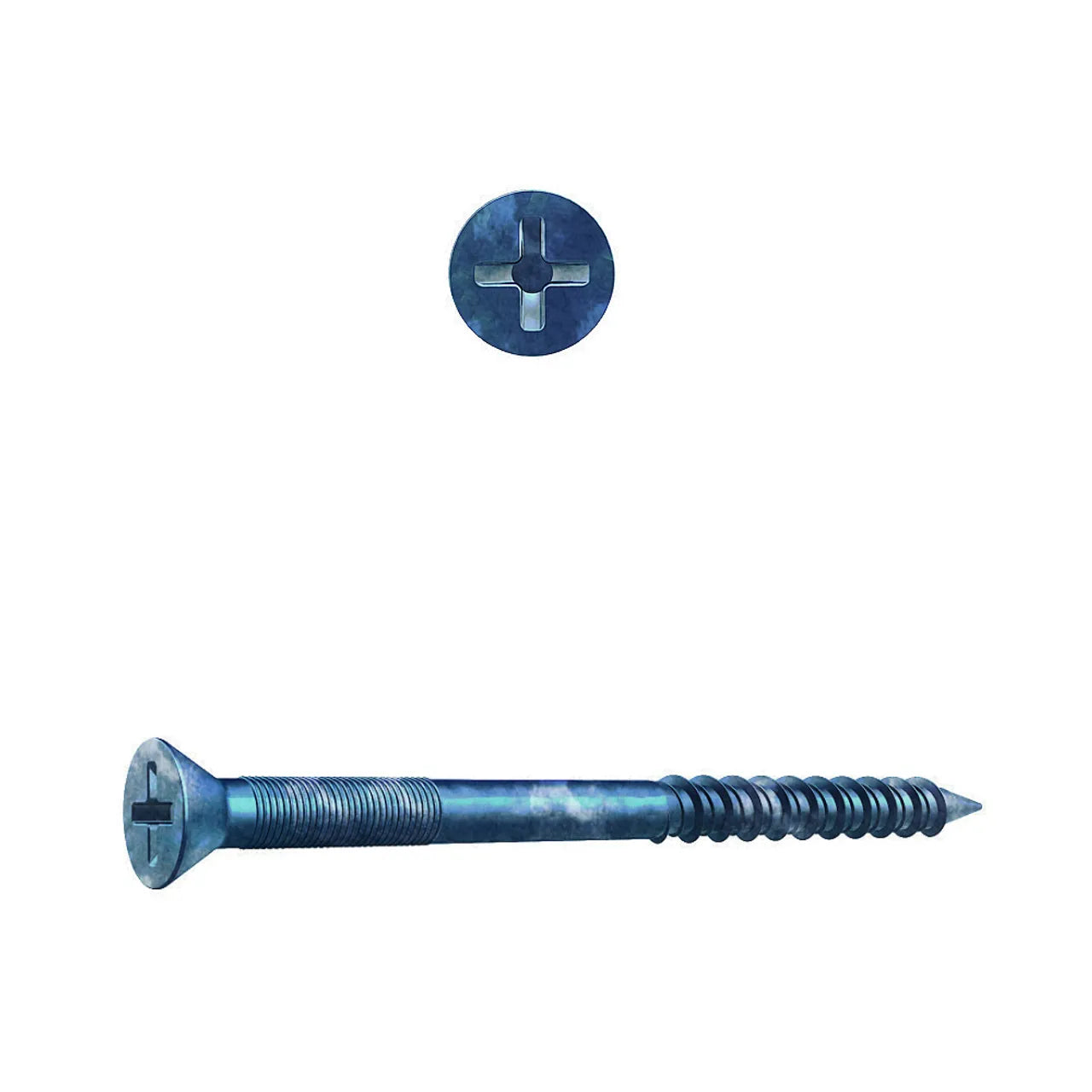 A Go Build 1/4 in. x 3-1/4 in. Phillips Flat Head Tapcon Concrete Screw with a blue, corrosion-resistant finish is shown from the side and top on a white background, highlighting its flat head and pointed threaded shank.