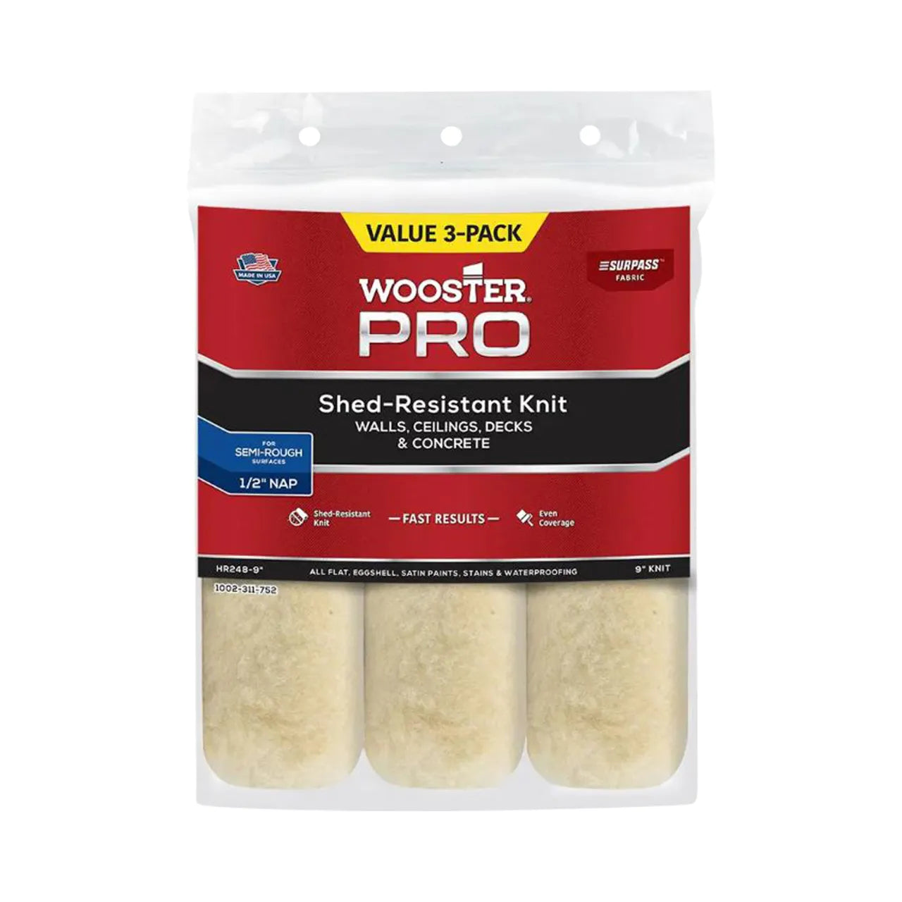 Image of Go Build 9 in. x 1/2 in. Pro Surpass Shed-Resistant Knit High-Density Fabric Roller Cover, suitable for walls, ceilings, decks, and concrete surfaces. The red and white packaging promises a smooth application for professional results.