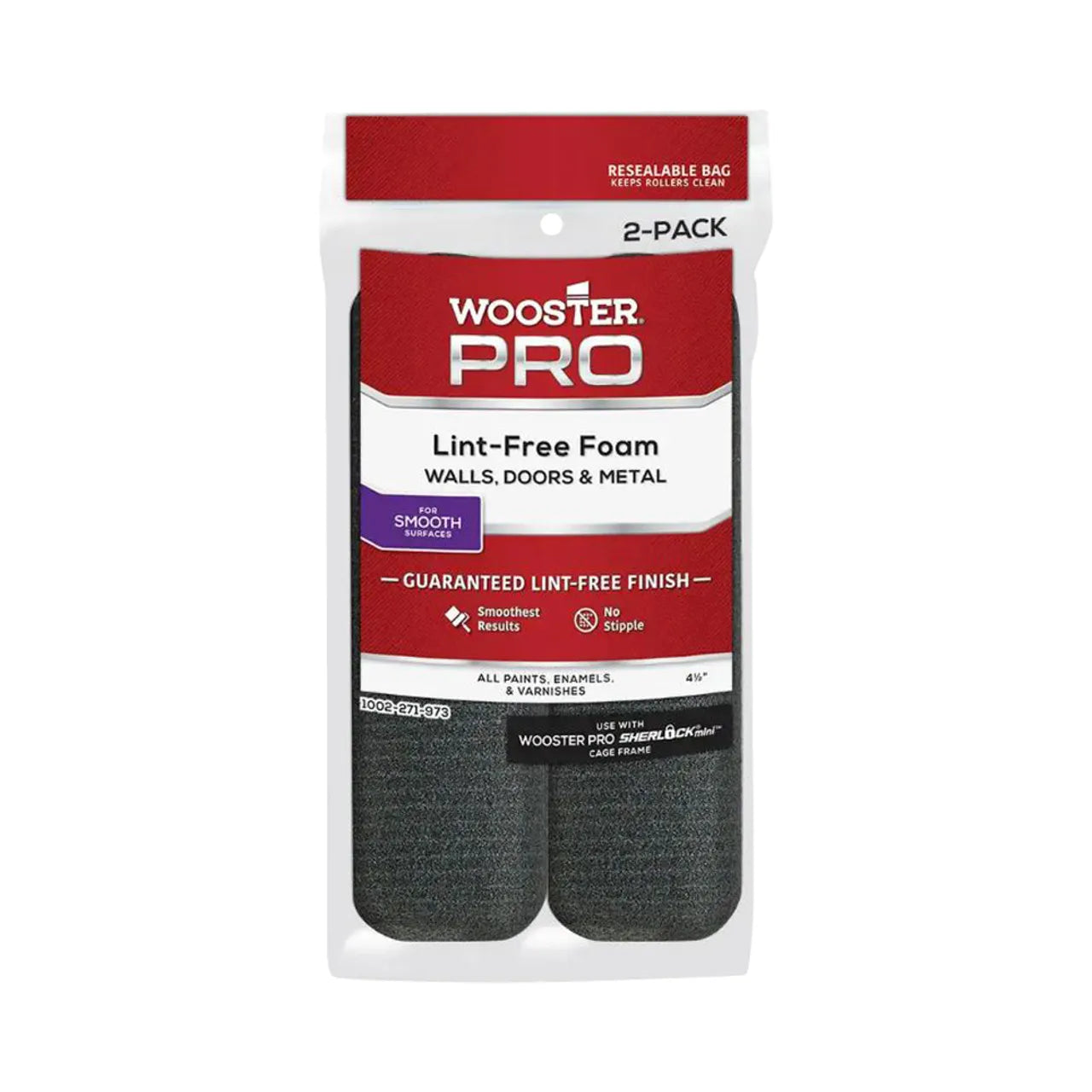 The Go Build 4-1/2 in. High-Density Pro Foam Cage Frame Mini Roller Covers, perfect for walls and doors, come in a pack of two. Designed for smooth finishes with high-density foam technology, they promise lint-free results and come in a resealable bag.