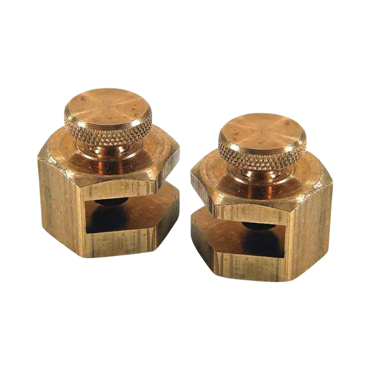Go Build 3/4 in. Brass Stair Gauges (2/Pack) feature knurled screw tops, hexagonal bodies, and open slots for precise work—like battery terminal clamps—perfect for use with framing squares. Isolated on a white background.