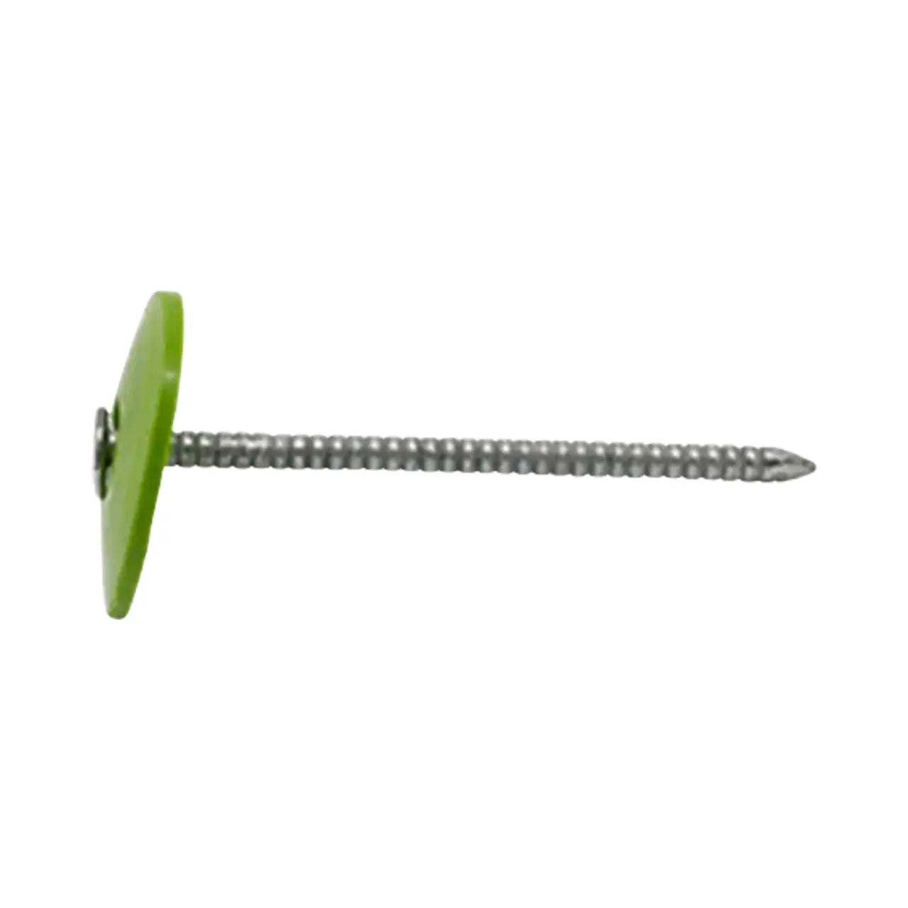 The Go Build 1 in. (2D) Electro-Galvanized Ring Shank Nails with Plastic Cap (3000/Pack) are shown in side profile on a white background—ideal for securing roofing underlayment.