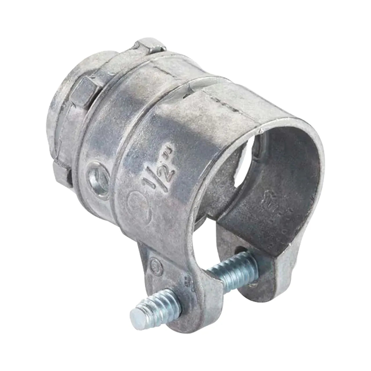 A close-up of Go Builds 1/2 in. Flexible Metal Conduit Squeeze Connector 3 Pack, featuring two screws for securing conduit pipes.