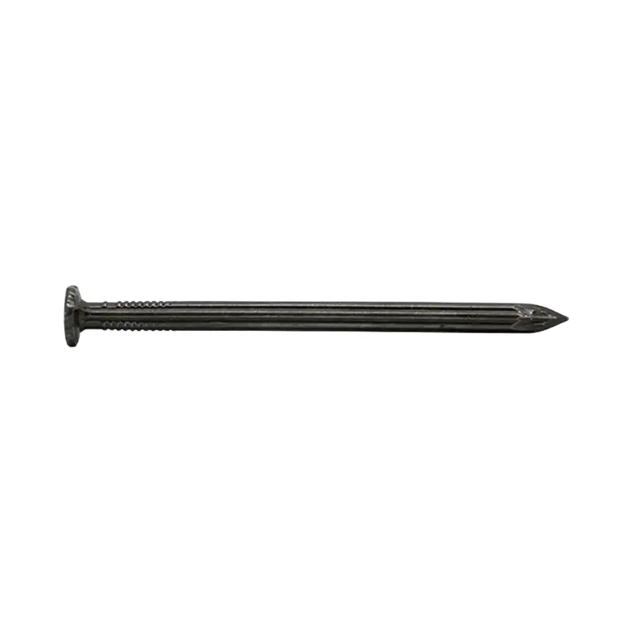 A 1-1/4 in. (3D) Go Build Brite Fluted Masonry Nail with flat head and pointed tip is shown horizontally on a white background; sold in 1 lb packs from The Fastest Way To Build.