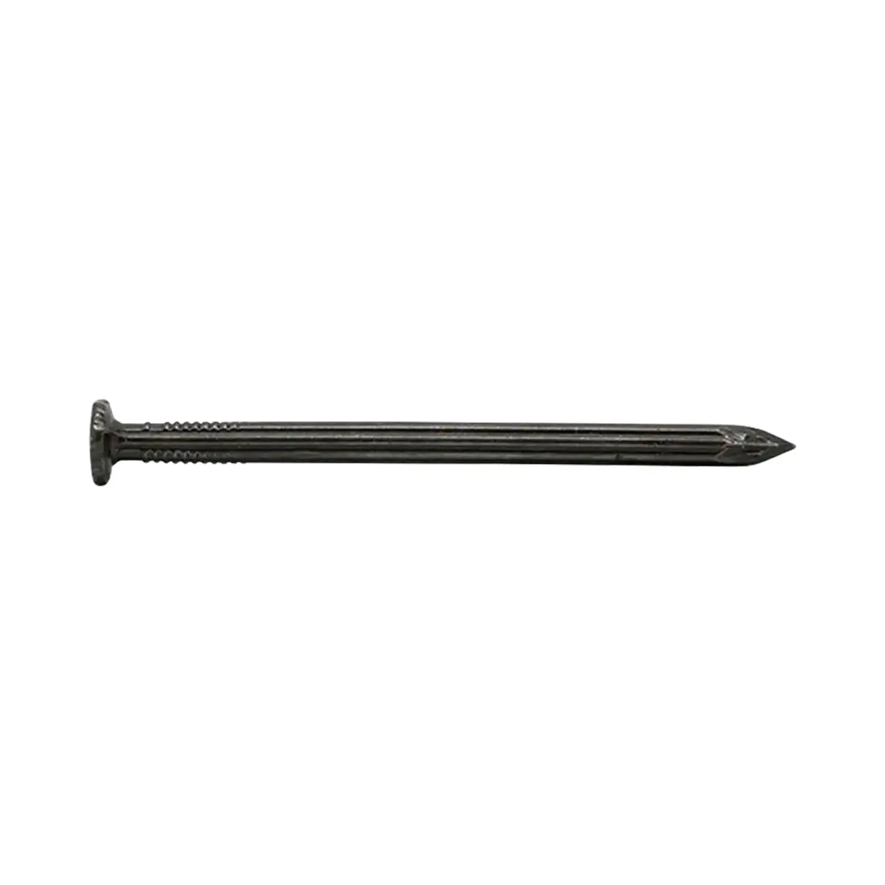 The Go Build 2-1/2 in. (8D) Brite Fluted Masonry Nail (1 lbs/Pack), featuring a metallic finish with a fluted shank and flat head, is displayed horizontally against a white background.