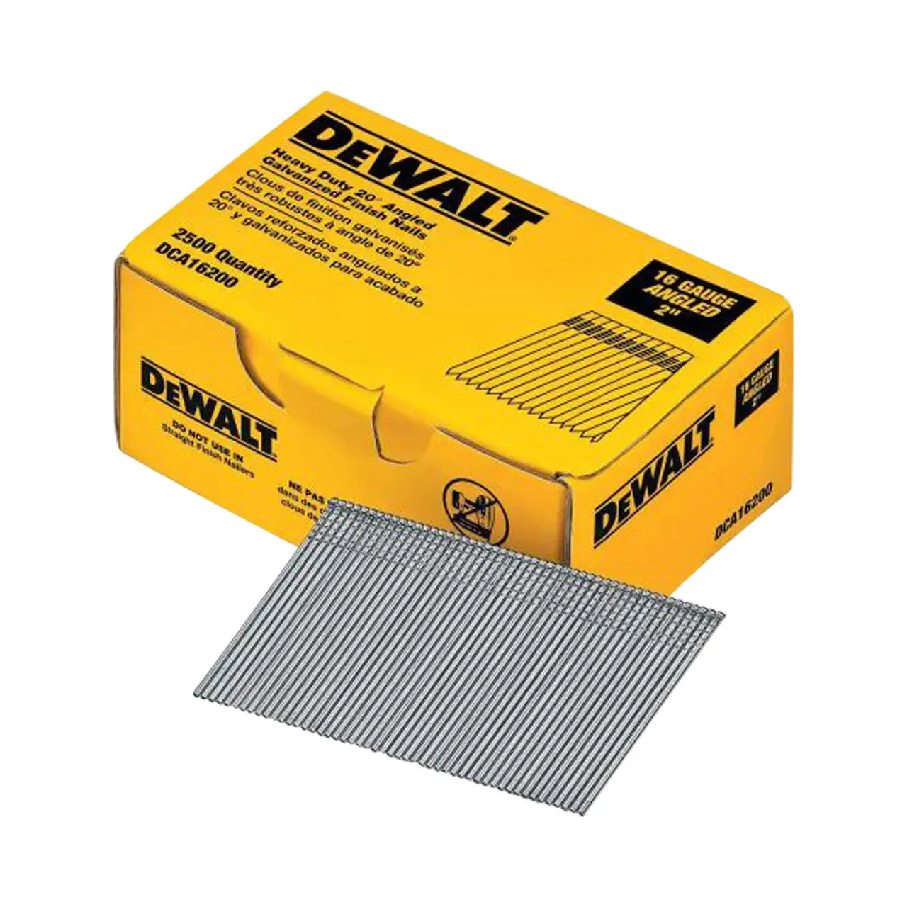 A box of Go Build 2 in. 16-Gauge Angled Finish Nails (2500/Pack) is shown with several angled nails displayed in front, from Go Build, The Fastest Way To Build.