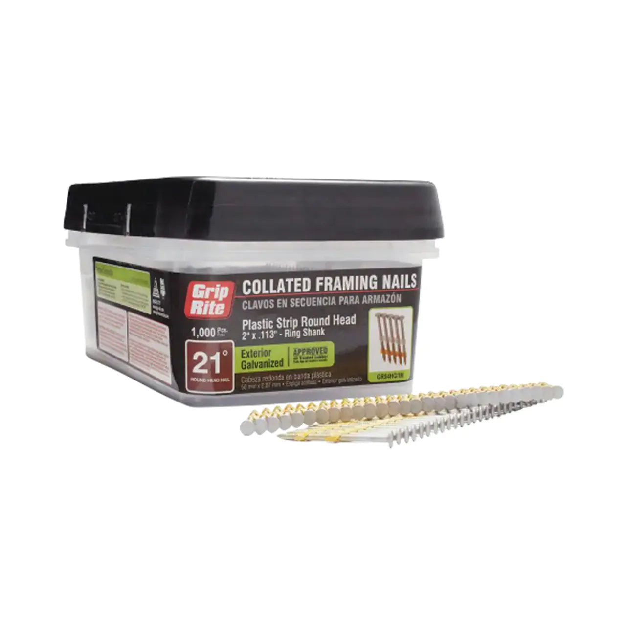 A Go Build pack of 2 in. x 0.113 Ga galvanized steel ring plastic round framing nails with a black lid is set against a white background, labeled for outdoor use with 1,000 nails. A strip of these durable nails is displayed next to the box.