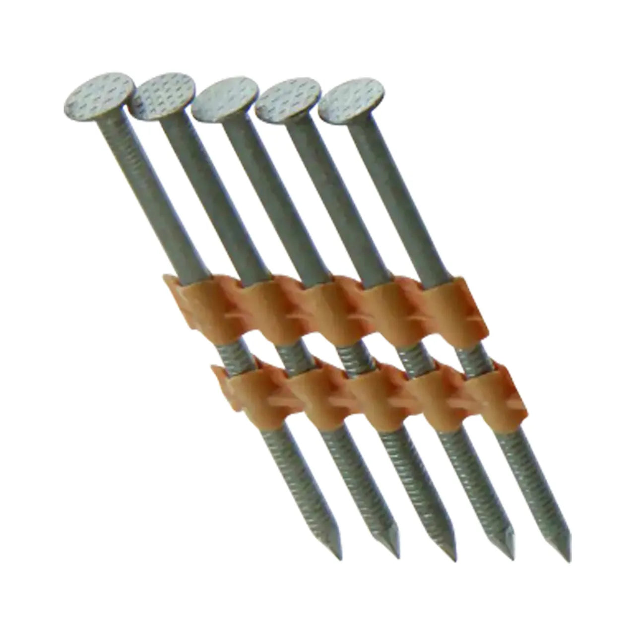 Go Builds 2-3/8 in. x 0.113 Ga galvanized ring shank nails feature round heads and are organized in parallel rows with a connecting strip, making them ideal for outdoor use thanks to their corrosion resistance.