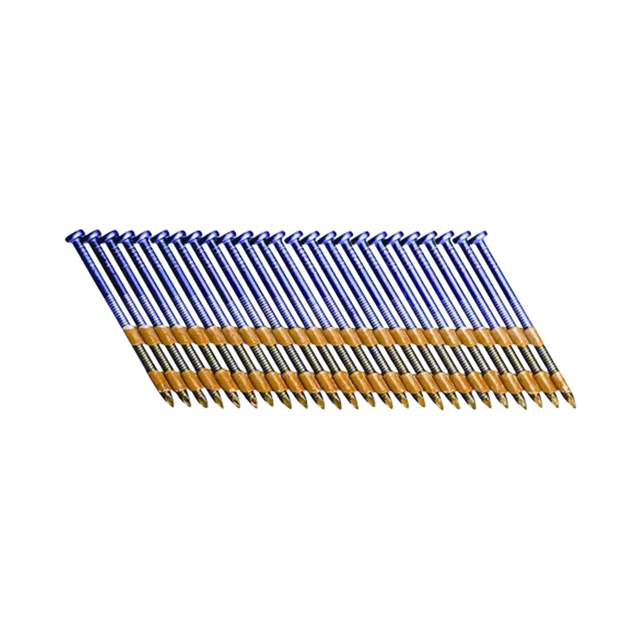 Several blue and yellow striped pencils, as precise as Go Builds 3 in. x 0.120 Ga Galvanized Ring Shank Plastic Framing Nails, are arranged parallel on a white background in a diagonal pattern, each sharpened and topped with a blue eraser for a clean finish.
