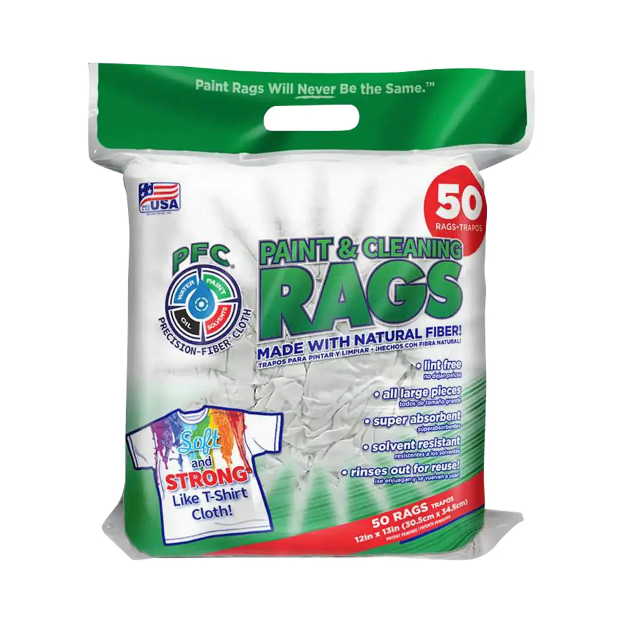 A package of Go Build 12 in. x 13.6 in. Precision-Fiber Cloth Paint and Cleaning Rags includes 50 solvent-resistant, lint-free, super absorbent rags that can be rinsed for reuse, with packaging featuring a t-shirt illustration.