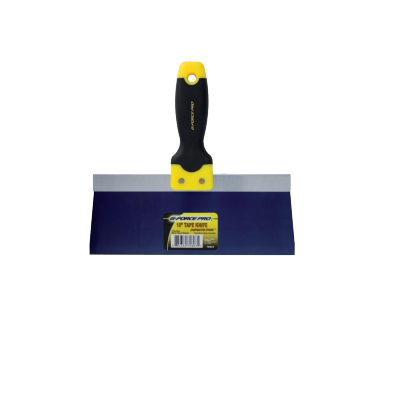 The G-FORCE 70805 12 in. Flexible Blue Steel Tape Knife features a wide metal blade for joint compound application, with a label on the blade and an Ergo Grip black and yellow handle offering superior comfort.