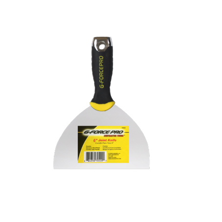 The G-FORCE 70522 is a flexible stainless steel joint knife with an ergo grip, ideal for drywall spreading. It features an 8-inch blade, a corrosion-resistant yellow sticker, and a hanging hole on the handle.