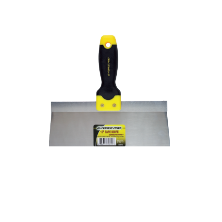 A 12-inch taping knife with an ergo grip handle is centered on a white background. Crafted from flexible, corrosion-resistant stainless steel, it features a wide blade ideal for drywall spreading. The product label on the blade displays G-FORCE 70814 and G FORCE.