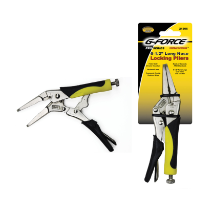 A G FORCE 21306 6-1/2 in. Long Nose Locking Pliers with ergonomic black and yellow grips is shown. Made from durable chrome vanadium, it is displayed next to its packaging, highlighting the products features and name.