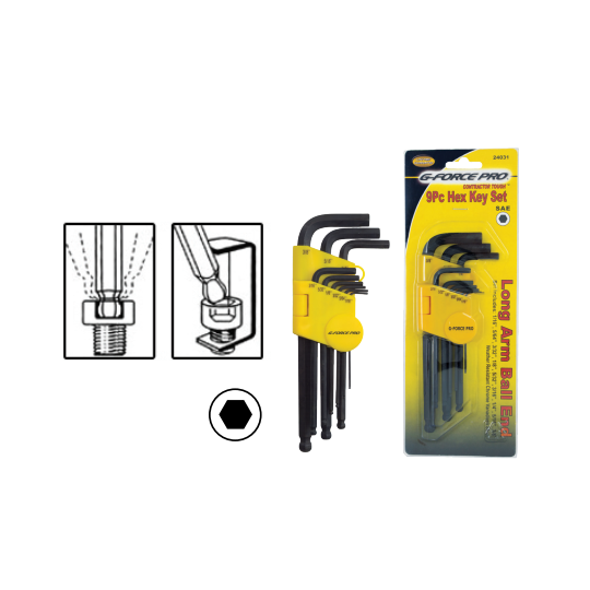 The G-FORCE 24032 9-Piece Hex Key Set, made of durable Chrome Vanadium Steel with long arm ball ends, is packaged in a striking yellow casing. It includes an action diagram and displays the G FORCE branding next to the set. Metric sizes range from 1.5MM to 10MM.
