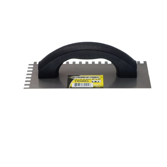 The G-FORCE 70111 features a square notched design, 9 in. x 4 in., carbon steel blade, and a black plastic handle. Its yellow label includes a barcode and Trowel, ideal for laminated wood plank flooring installation.