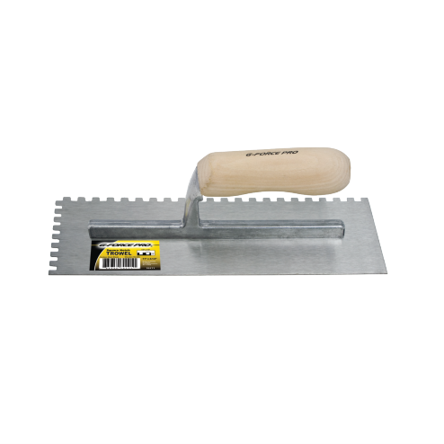 The G-Force 1/4 in. Square Notched Trowel, featuring an 11 in. x 4-1/2 in. wood handle and durable carbon steel blade, is placed on a white background with its yellow G FORCE label and contact info, exuding professionalism.