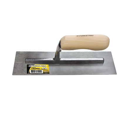 The 11 x 4.5 G-FORCE 70161 U-Notched Trowel features a smooth wood handle and stainless steel blade, perfect for applying thinset.