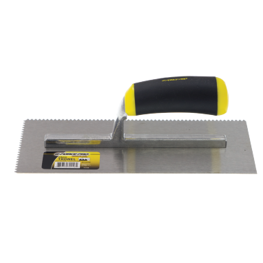 The G-FORCE 70156 3/16 in. V-Notched Trowel by G FORCE features an Ergo Grip black and yellow handle with a carbon steel blade. Its rectangular metallic blade has evenly spaced teeth, ideal for thinset application, and includes a label with product details near the handle.