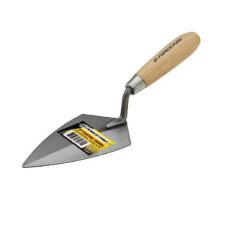 The G-FORCE 70031 Pointing Trowel has a robust wood handle and durable stainless steel blade, featuring a label with text and barcodes.