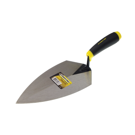 The G-FORCE 70037 10 in. Philadelphia Brick Trowel by G FORCE features a stainless steel blade, a black Ergo Grip Handle with a yellow end, and an easily identifiable label near the handle.