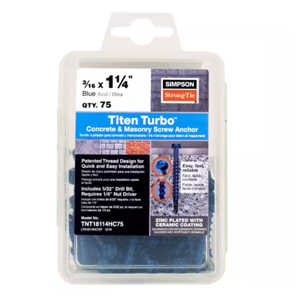 The 75-pack of Simpson Strong-Tie Titen Turbo 3/16 in. x 1-1/4 in. Hex Head Concrete Screws features a patent design for easy installation, with a zinc-plated and ceramic-coated finish. They include a driver bit and the Torque Reduction Channel ensures easy setting even in tough materials.