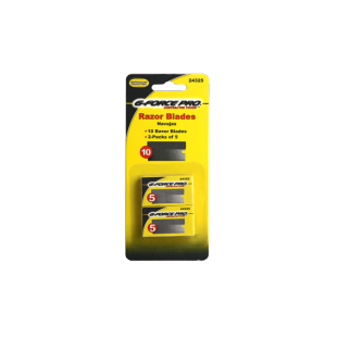 The G-FORCE 24325 Single Edge Blades by G FORCE come in two packs of five (10 blades total) per card. The yellow and black packaging highlights key info, making these high-carbon steel blades ideal for glass scraping tasks.