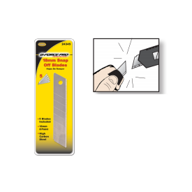The G-FORCE REPLACEMENT 24345 package contains 5 high-carbon steel, 18MM (8 Point) Snap Knife Blades and a dispenser. It features an illustration of a hand snapping a blade segment, perfect for precision box cutting.