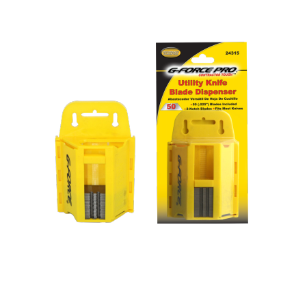 The G-FORCE PLASTIC UTILITY KNIFE DISPENSER 24315 holds 50 sharp blades with durable construction, branded as G Force Pro Contractor Tough, and features a transparent section to reveal the blades inside.