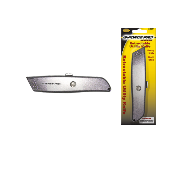 A G FORCE 24271 RETRACTABLE Utility Knife with a silver zinc die cast body is shown beside its metal carded packaging, which highlights heavy duty and multi-stop features on a yellow background.