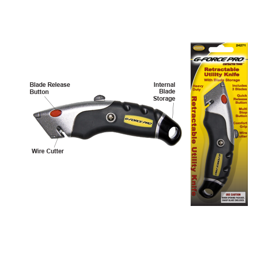 The G FORCE 24274 Retractable Utility Knife is shown. This metal knife has a black and silver handle with a rubberized grip, red blade release button, wire cutter, and features blade storage and quick blade changes on its packaging.