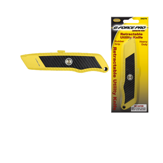 The G FORCE 24279 Retractable Utility Knife, featuring a metal body and rubber grip, is shown in yellow and black next to its packaging, which highlights its heavy-duty design.