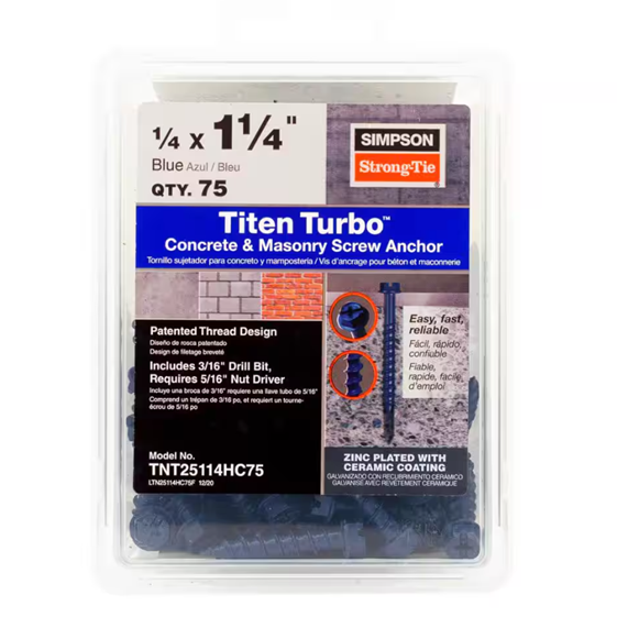 Plastic container labeled Simpson Strong-Tie Titen Turbo holds 75 blue concrete screws, size 1/4 x 1-1/4, featuring a Torque Reduction Channel and reverse thread design.
