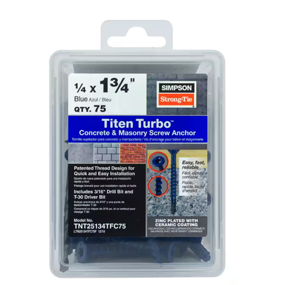 The image shows a package of Simpson Strong-Tie Titen Turbo 1/4 in. x 1-3/4 in. Flat Head Concrete Screws, Blue (75-Pack), featuring a patented reverse thread design and Torque Reduction Channel for easy installation, with a drill bit included and ceramic-coated screws.