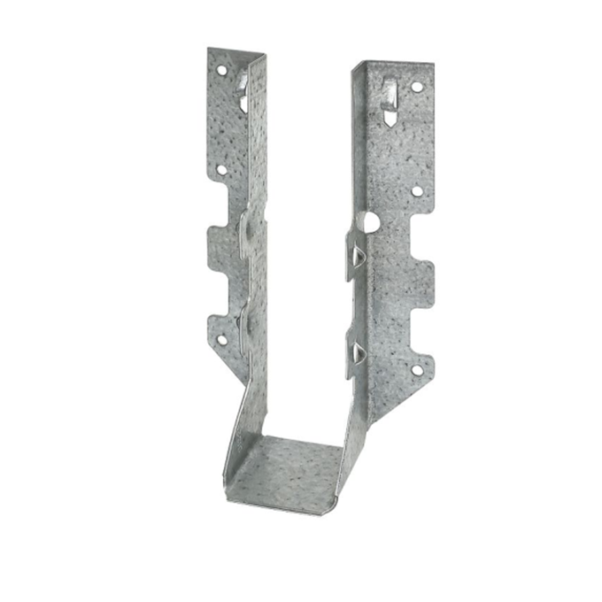 The Simpson Strong-Tie LUS ZMAX Galvanized Double Shear Face Mount Joist Hanger features a U-shaped design and ZMAX galvanization for corrosion resistance. It has multiple pre-drilled holes for double-shear nailing, ensuring secure beam placement with 2x8 lumber in construction projects.