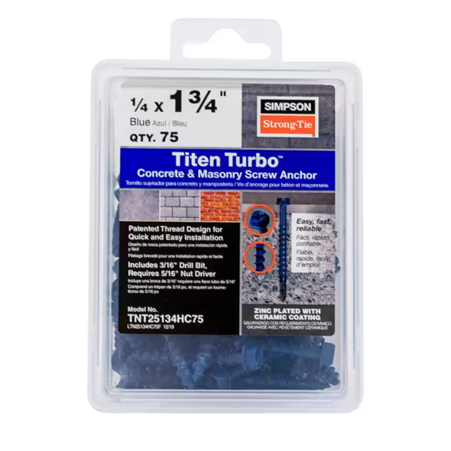 Simpson Strong-Ties Titen Turbo 1/4 in. x 1-3/4 in. Hex Head Concrete Screws, Blue (75-Pack) features a reverse thread design for better performance, with packaging that includes product info and images.