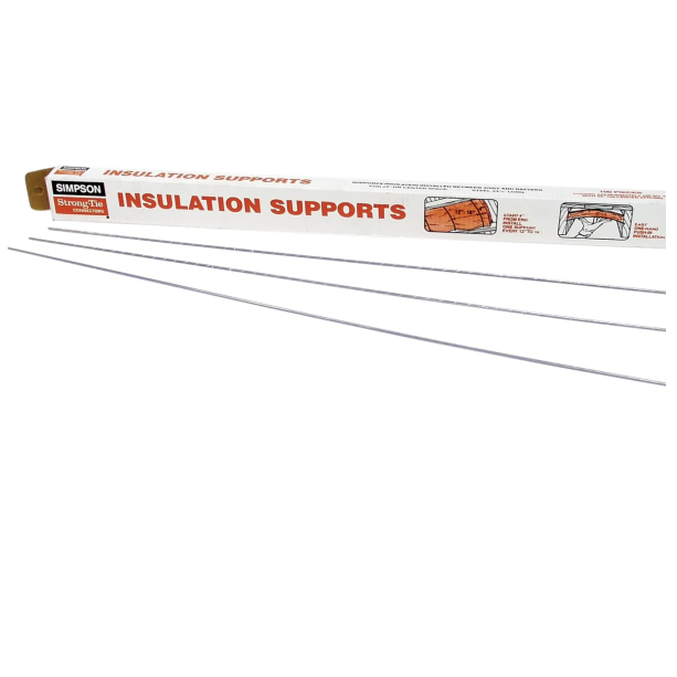 A white box labeled Simpson 23-1/2 in. Insulation Support (100-Pack) by Simpson Strong-Tie, made from carbon steel spring wire, displays three metal rods. The red and black text and diagrams illustrate the mitered tips in use, highlighting their practical application.
