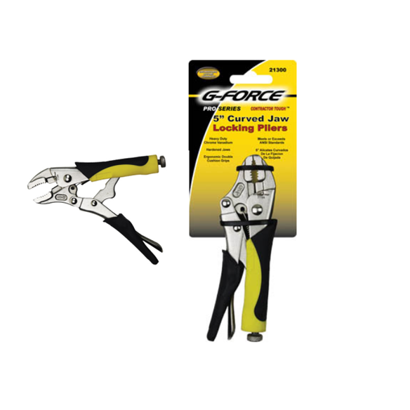 The G-FORCE 21300 5 curved jaw locking pliers boast durable chrome vanadium steel and ergonomic black and yellow grips. Displayed both in and out of their packaging, the box features matching yellow and black product details.