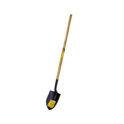 The G-FORCE ROUND POINT SHOVEL 52899 features a 16 Ga. steel blade and a 58 in. wooden handle with a rubber grip, detailed with an informative label at the handles base, all set against a plain white background.