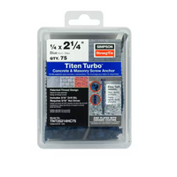 The packaging for Simpson Strong-Tie's Titen Turbo 1/4 in. x 2-1/4 in. Hex Head Concrete Screws (75-Pack) contains 75 blue screws, each featuring a Torque Reduction Channel for efficient installation. Instructions and tool requirements are provided on the front of the package.