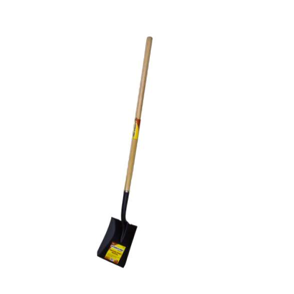 The G FORCE 52898 Square Point Shovel features a durable 58-inch wood handle with a rubber grip and a black tempered steel blade. A yellow and red sticker near the blade enhances its functional design against the white background.