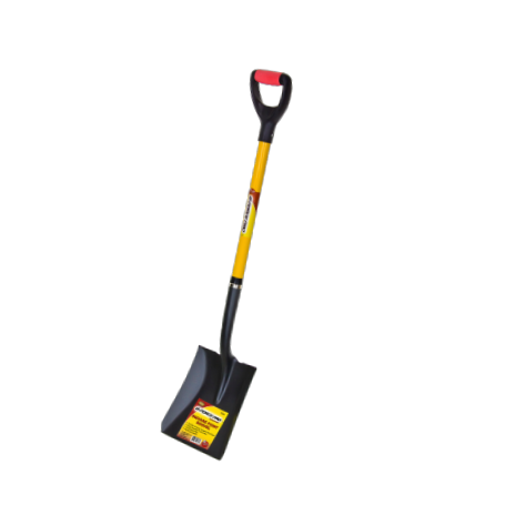 The G FORCE G-Force Square Point Shovel, featuring a 43-inch fiberglass D-handle with a rubber grip, showcases a durable steel blade and yellow/black design set against a white background.